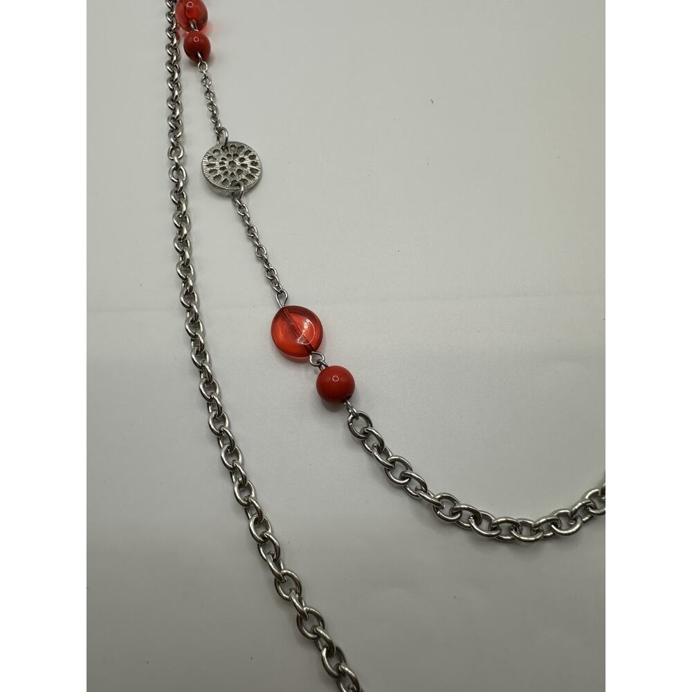 Silver Tone Multi Strand Chain Necklace With Red Plastic Beads 40” - Picture 8 of 8